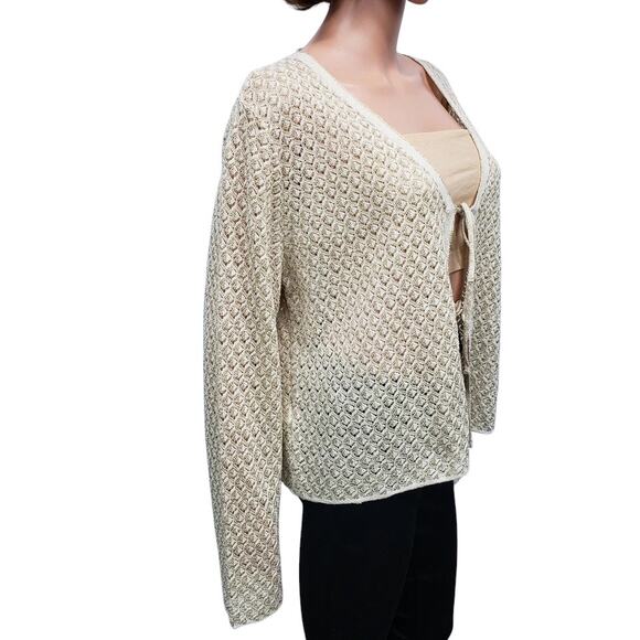 MANGO MNG Lurex Knitted Cardigan Sweater Women Plus 3XL Cream Gold Tie front - Picture 8 of 14